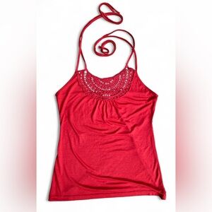 Vintage 725 Originals Red Orange Halter Crochet Knit Summer Boho Top Medium